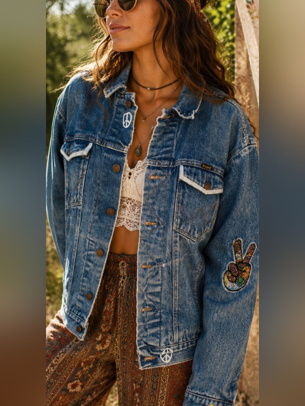 Wrangler Custom Painted Denim Jacket Peace Flower Upcycled One of a Kind